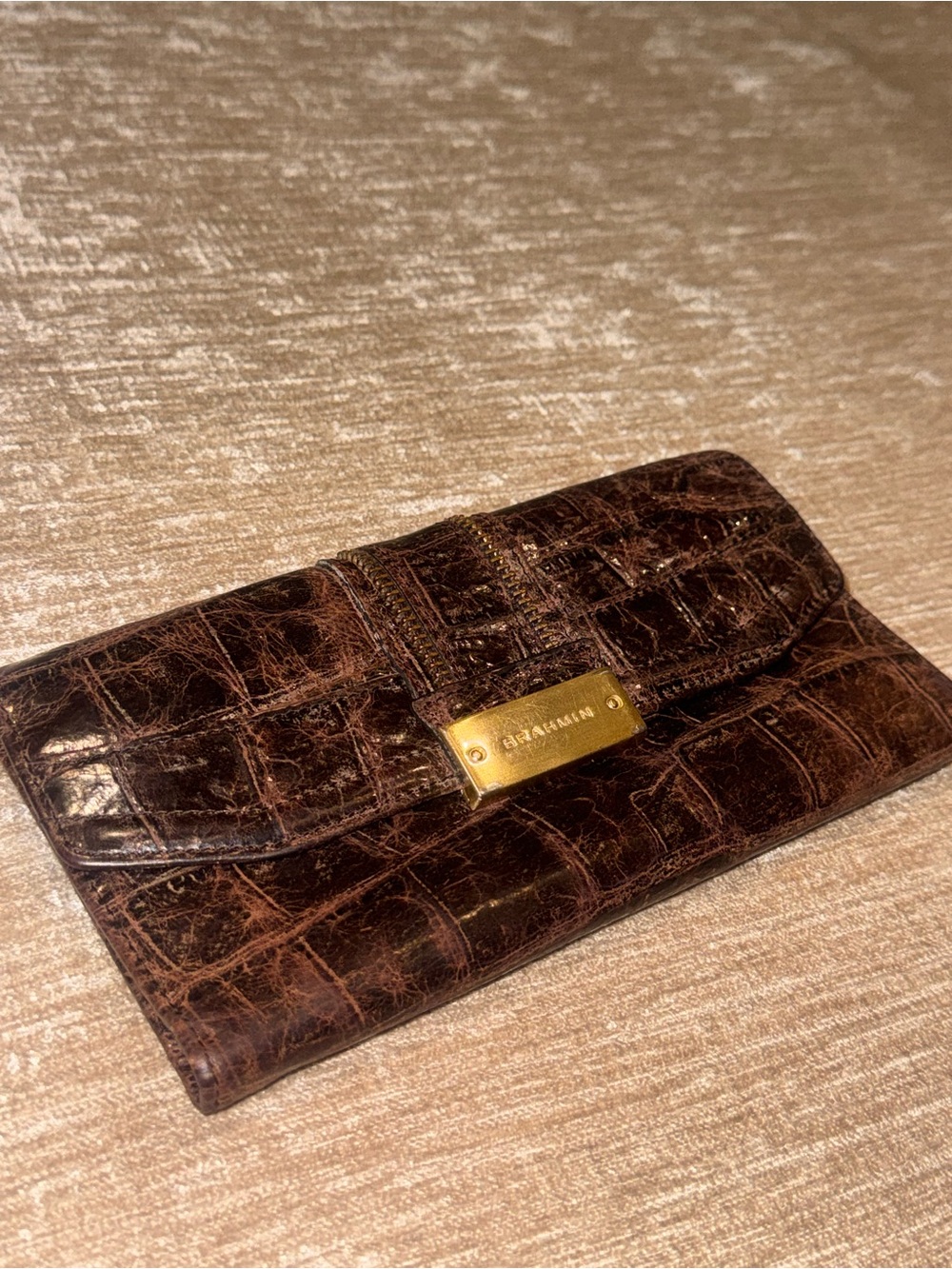 Brahmin Dark Brown Croc-Embossed Leather Flap Wallet with Gold Plaque - Picture 5 of 6